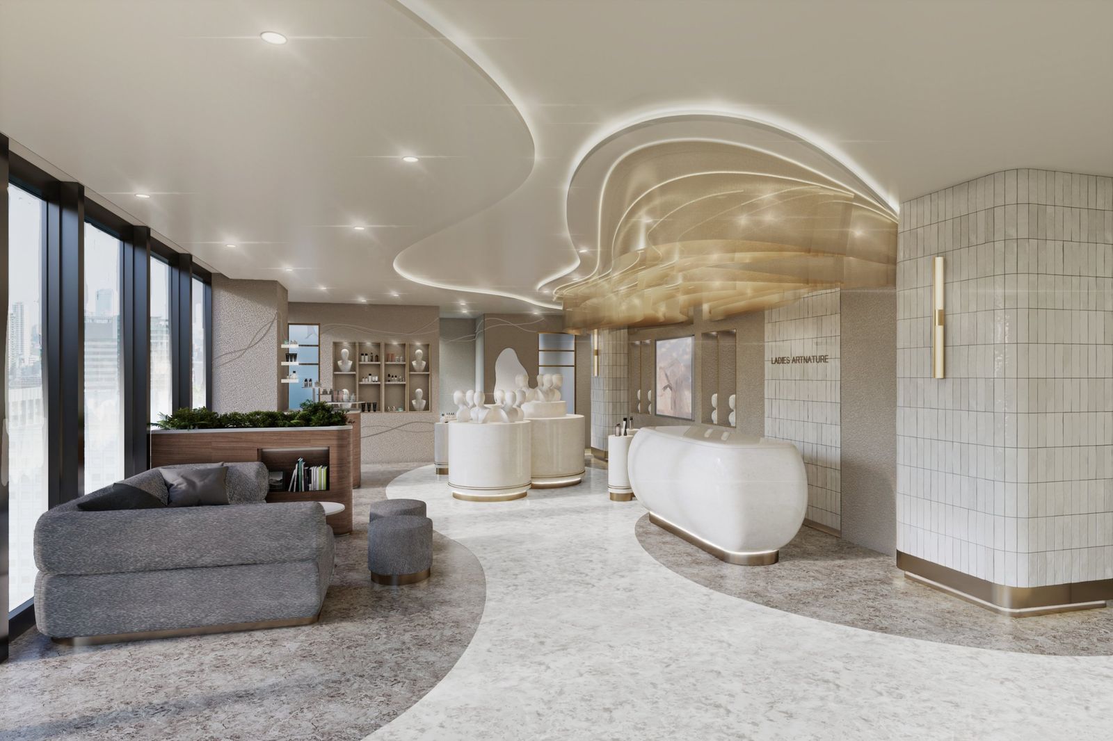 Entrance and lounge of a luxury salon with a curved, layered ceiling (design rendering)