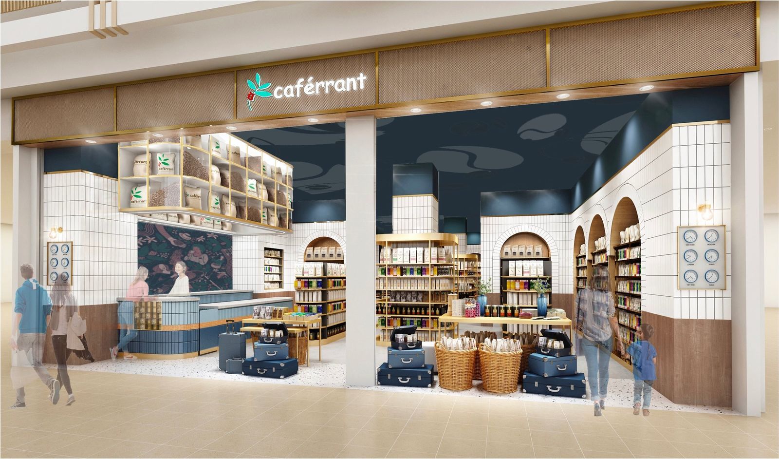 Storefront of a specialty coffee and food store with white tile, gold metalwork and an indigo ceiling (design rendering)